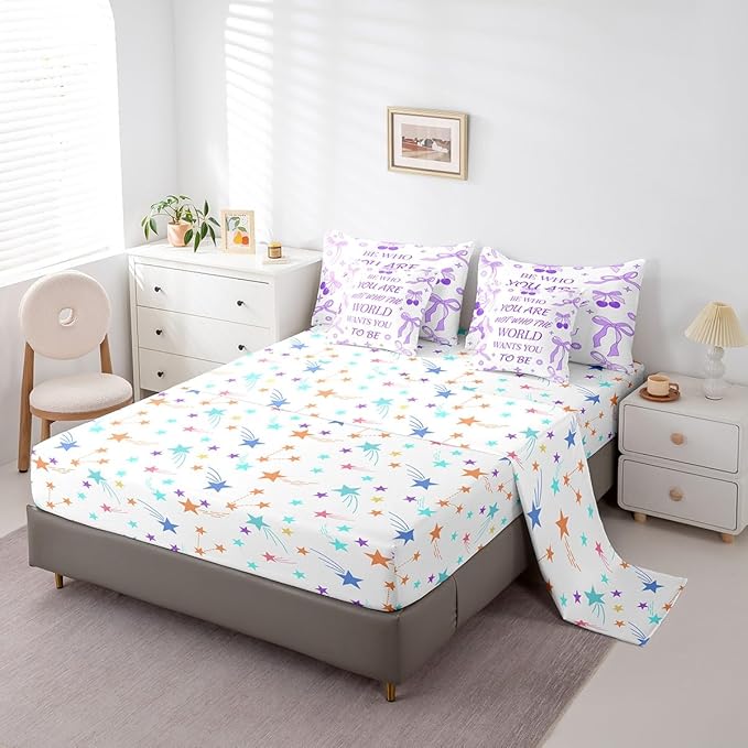 7 Pieces Purple Bowknot Kids Comforter Set King,Cherry Tropical Fruit Stars Daisy Cute Bedding Set,Bow Tie Cartoon Princess Romantic（Comforter+Fitted+Flat Sheet+2 Pillowcases+2 Throw Pillow Covers）