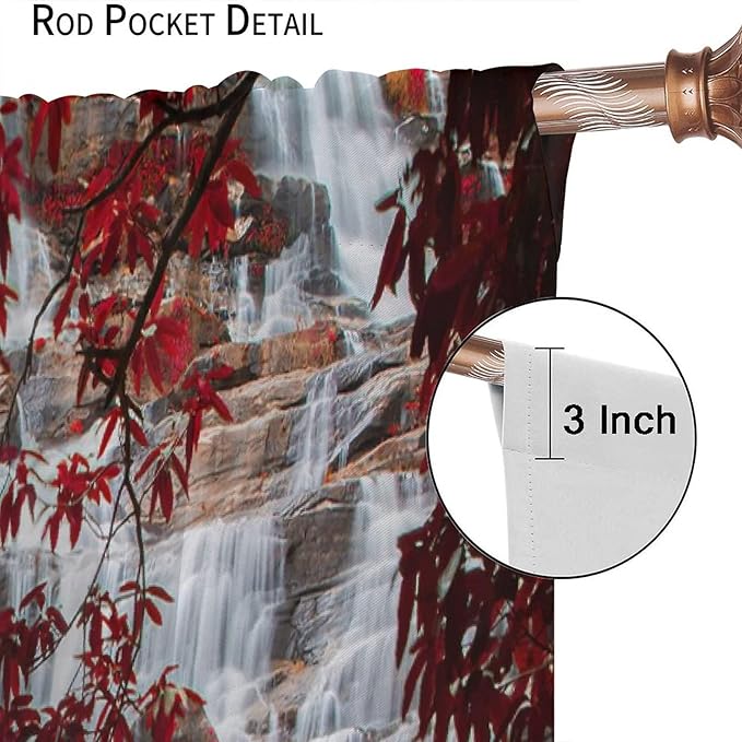 Waterfall Blackout Windows Curtains, Waterfall Red Forest Pattern Nature View Curtains, for Living Room Bedroom 42x54in 2 Panels