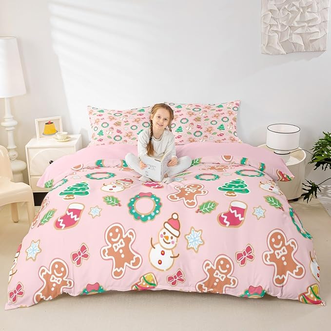 Feelyou Christmas Comforter Cover Cartoon Snowman Christmas Tree Bedding Set Gingerbread Man Xmas Theme Duvet Cover for Kids Boys Girls Microfiber Pink Bedspread Cover Room Decor Bedclothes King Size