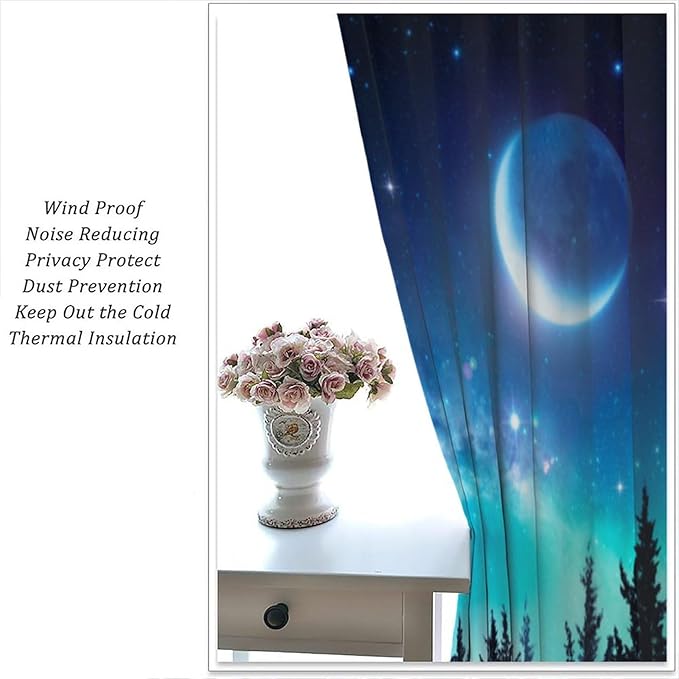 Galaxy Forest Blackout Curtains, Night Starry Sky Stars Moon Aurora Borealis Window Drapes for Bedroom Living Room Home 42" W X 45" L