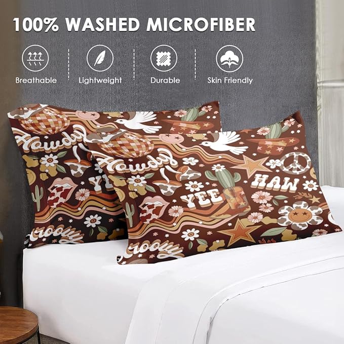 7 Pcs King Size Comforter Set with 2 Pillowcases & 2 Shams, Western Hippie Cowgirl Bedding for Kids and Adults, West Boho Cowboy Bed in a Bag with Flat Fitted Sheet
