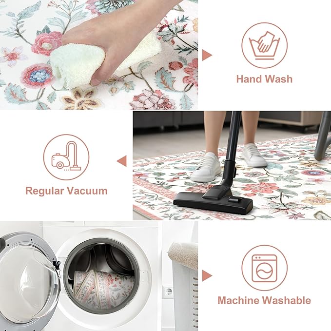 Floral Washable Runner Rug, 2.6x8 Pink Rug Runners for Hallways Non-Slip, Soft Low Pile Flower Birds Long Bathroom Mat Botanical Throw Carpet for Kitchen Laundry Entryway Porch