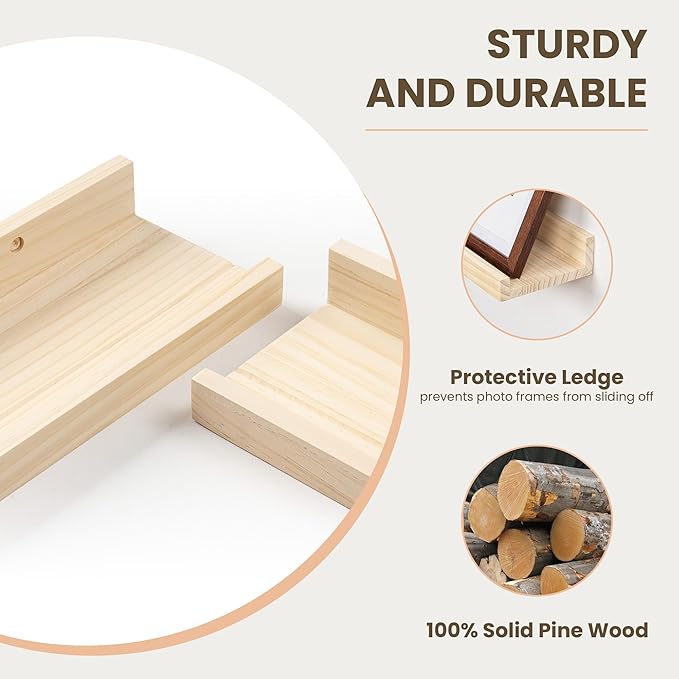 Fun Memories Picture Ledge Shelf, Pine Wood Floating Shelves Set of 2, 48 inch Nursery Book Shelves, Photo Ledge Book Shelves Wall Mounted for Living Room Kids' Room Bedroom - Natural