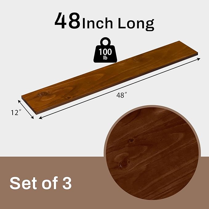 12x48 Inch Rustic Wood Floating Shelves 3-Pack - Farmhouse Walnut Wall Shelves with 100 lbs Capacity, Easy Installation for Living Room, Kitchen, Bathroom (Walnut, 3T48IN)