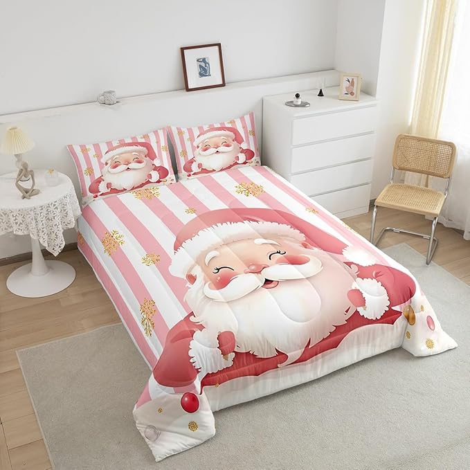 Feelyou Merry Christmas Decorations Full Size Comforter Set Santa Claus Bedding Set Pink Quilt Set Soft Warm Lightweight Duvet Set