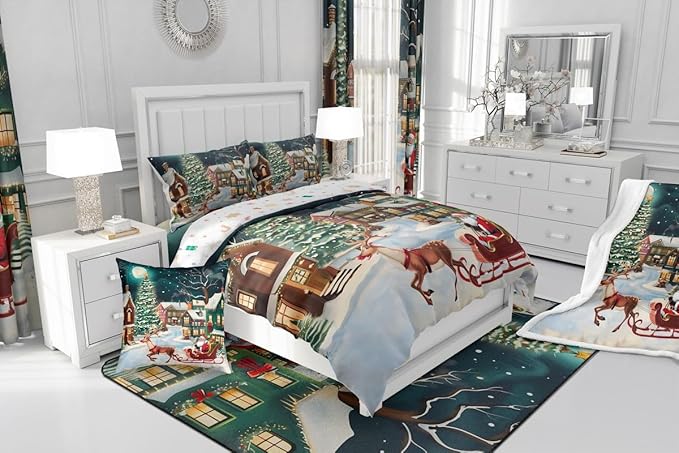 Feelyou Christmas Kids Comforter Set Toddler Size Santa Claus Bedding Set Reindeer Sled Duvet Quilt for Kids Boys Girls Bedroom Xmas Tree Decor Microfiber Ultra Soft Breathable