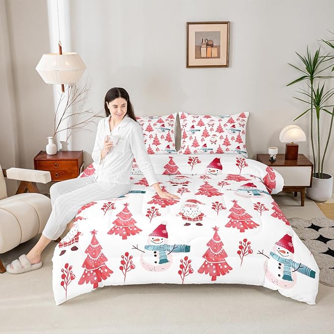 Feelyou Merry Christmas Comforter Set All Season Xmas Tree Snowman Bedding Set with 1 Pillow Cases Santa Claus Microfiber Kids Twin Bedclothes Bedroom Decor Duvet Quilt Breathable Soft