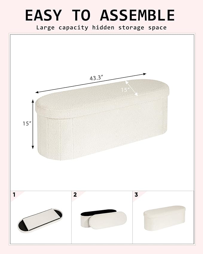 Storage Ottoman Bench, 43.3 Inches Oval Ottoman with Storage, Teddy Boucle Foot Rest, Large Folding Ottoman Bench for Living Room, Entryway, Bedroom, White