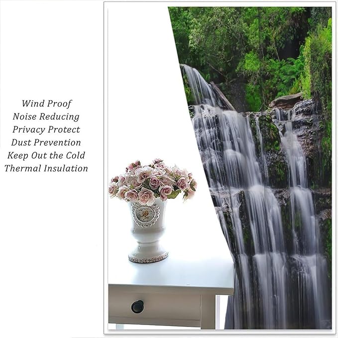 Natural Scenery Blackout Curtains, Spring Rustic Forest Waterfall River Landscape Window Drapes, for Bedroom Living Room 55" W X 63" L