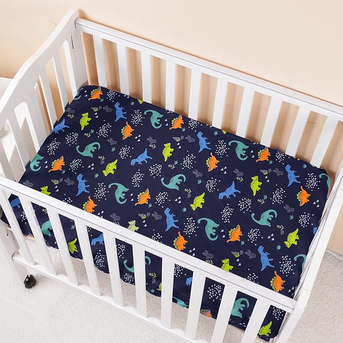 PHF 3 Pack Soft Mini Crib Sheets, Dinosaur Pack N Play Sheets for Baby Boys Girls, No Slip Universal Fit for Pack N Play, Playard, Portable and Mini Crib Mattresses,Navy Dinosaur