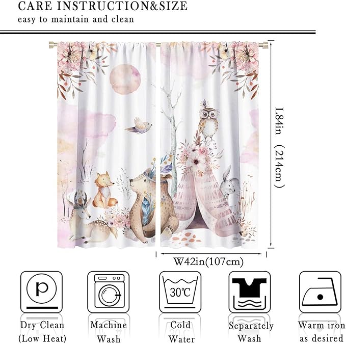Forest Animal Curtains for Kids, Pink Watercolor Woodland Animal Window Treatments Fox Deer Owl Wildlife Safari Jungle Bear Window Drapes for Girls Nursery Toddler Bedroom 84x84in