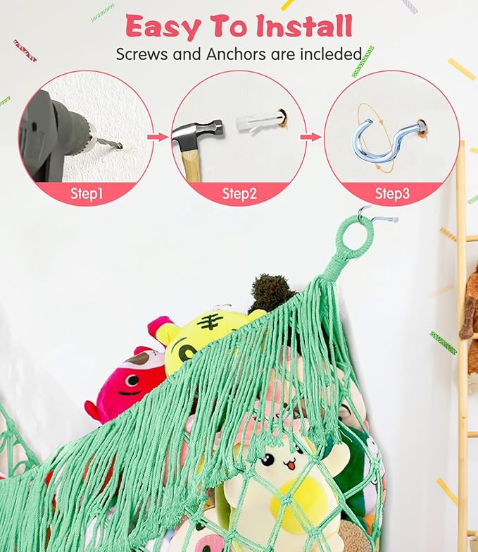Stuffed Animal Hammock - Extra Large 63'' Long, Stuffed Animal Storage, stuffed animal Holder net, Toy Hammock Large, Toy Storage Hanging Organizer - Matcha green