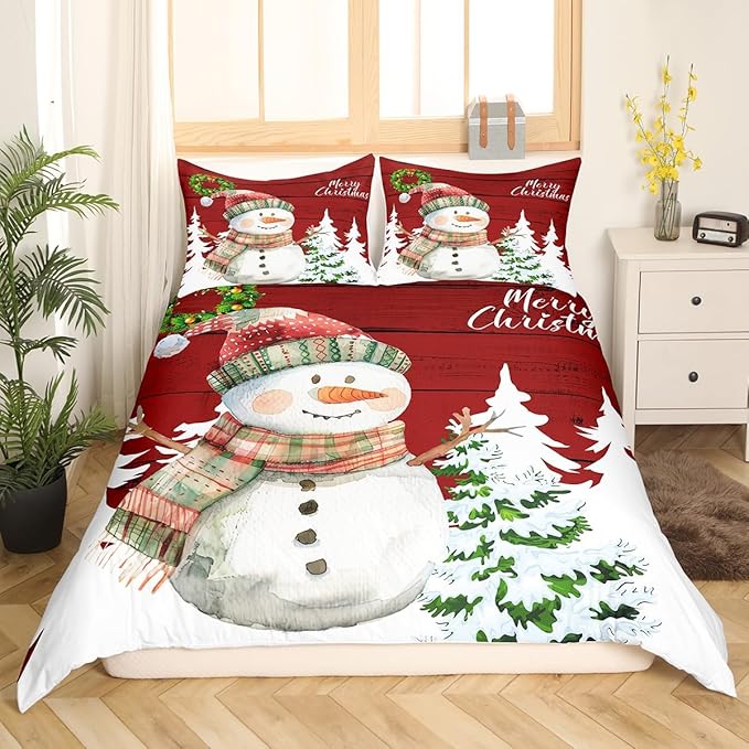 Merry Christmas Duvet Cover Set King Size, Cute Snowman and Xmas Tree Print Comforter Cover with 2 Pillowcases, Red Wooden Stripe Print Bedding Set 3pcs for Kids Girls Bedroom Decor,No Comforter