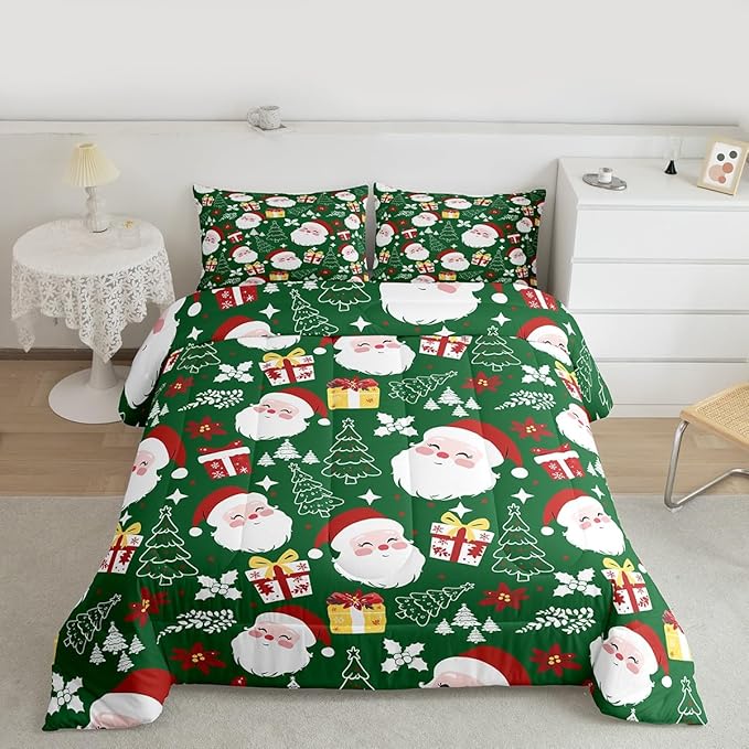 jejeloiu Santa Claus Comforter Set Full Size Merry Christmas Bedding Set for Kids Boys Girls Xmas Themed Duvet Quilt Green Bedroom Decor