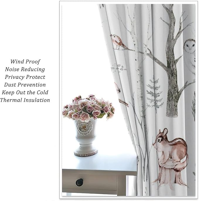Watercolor Woodland Animal Curtains, Wildlife Bear Farmhouse Lodge Cabin Squirrel Owl Hedgehog Fox Blackout Rod Pocket Windows Door Curtain for Bedroom Living Room Home Decor 72x63in