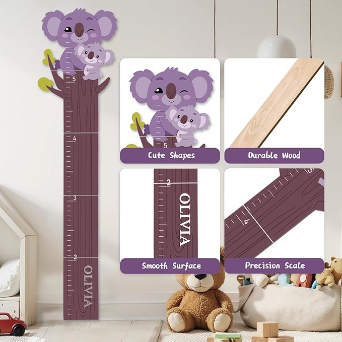 Personalized Name Growth Chart, Cute Koala Wooden Growth Chart for Kids, Height Chart for Boys Girls, Measuring Board for Kids Height for Child's Room, Nursery Decor Decoration