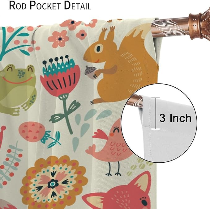 Kids Baby Woodland Blackout Curtains,Forest Animals Plants Cartoon Funny Colorful Deer Fox Owl Pattern Thermal Insulation Window Drapes for Boys Girls Children's Bedroom 63x63in