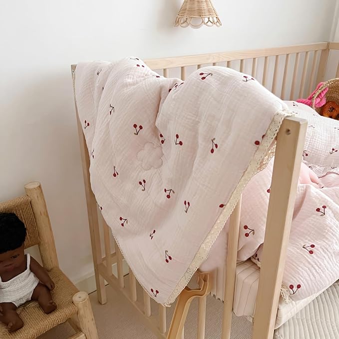 BuLuTu Kids Toddler Muslin Cotton Quilted Blanket 60x78 Inches, Cute Cherry Print Children Comforter for Toddler/Twin Bed, Soft Breathable Boys Girls Quilt, Machine Washable