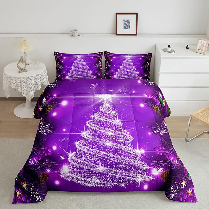 Feelyou Kids Merry Christmas Decorations Comforter Set, Kids Santa Tree Bedding Set Toddler Size for Boys Girls Teens Xmas Christmas Bell Decor Comforter Glitter Purple Quilt Set