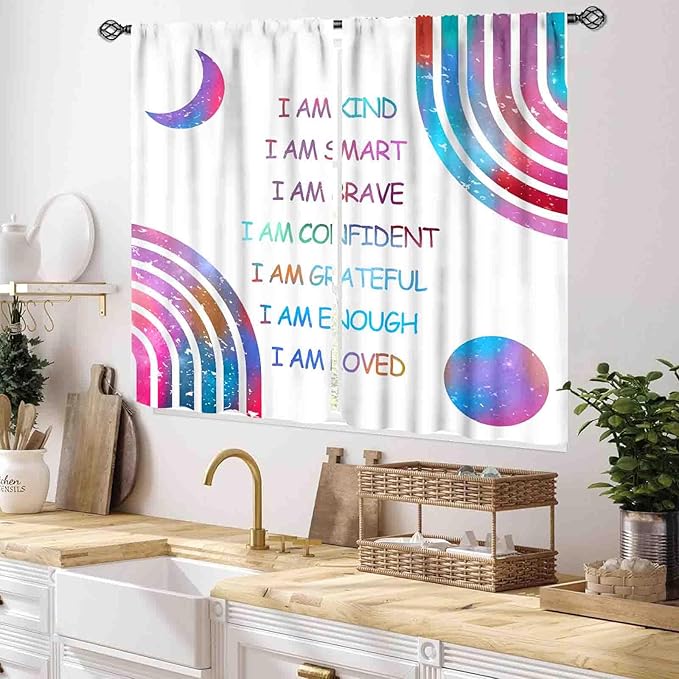 Rainbow Curtains for Girls Bedroom, Boho Rianbow Quotes Inspirational Motivational Positive Colorful Pastel Green Window Drapery for Baby Kids Living Room Toddler Nursery Classroom, 42"x54" Inch