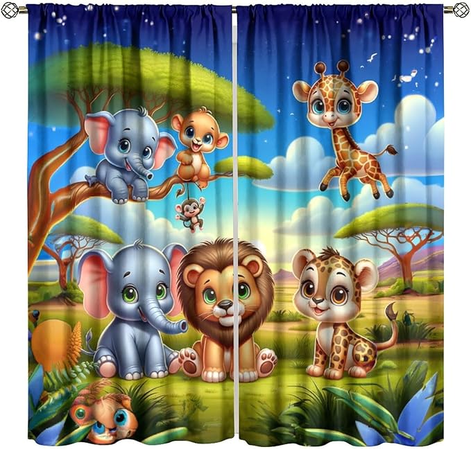 Jungle Safari Window Curtains for Kids Boys Girls Watercolor Cartoon Forest Animals Baby Living Room Bedroom Nursery Toddler Rod Pocket Drapes 63" W X 72" L