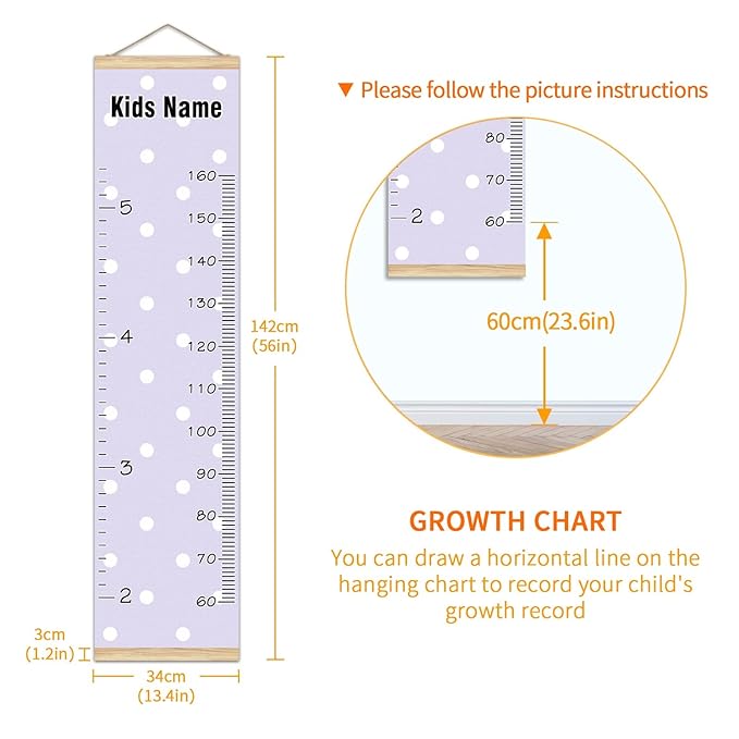 Personalized Kids Name Growth Chart Ruler for Wall Wood Frame Height Measure Chart 13.4x56 in Linen Hanging Height Growth Chart Polka Dot Purple Background Kids Room Decor