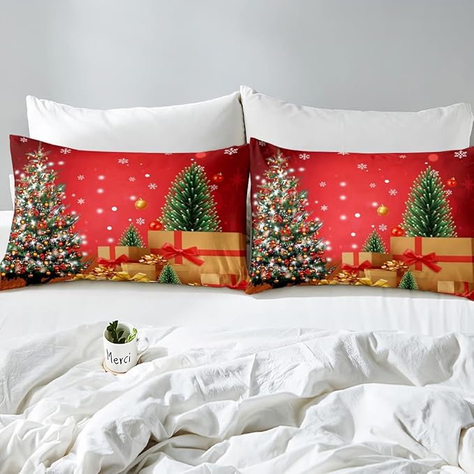 Feelyou Christmas Bedding Duvet Cover Set Kids Christmas Tree Bedding Set Boys Girls Snowflake Gift Boxes Decor Comforter Cover Set Microfiber Xmas Theme Bedspread Cover Bedroom Bedclothes Twin Size
