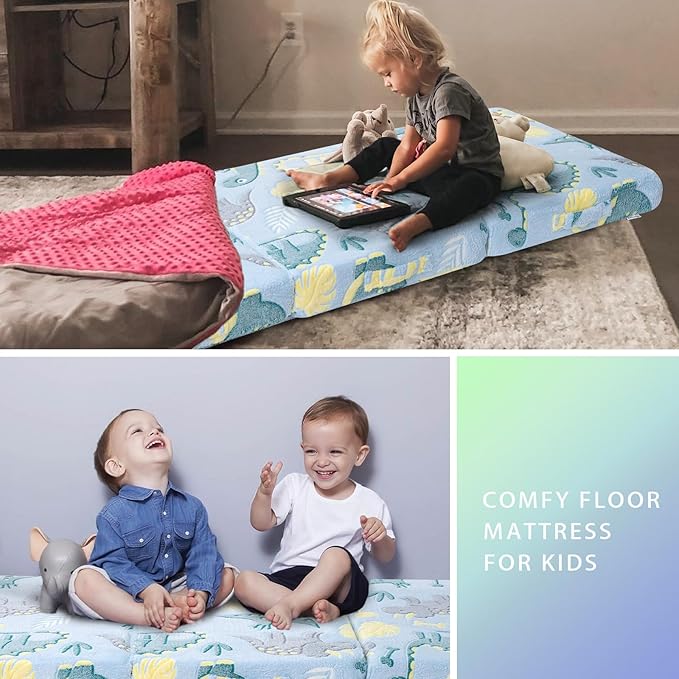 MeMoreCool Foldable Floor Mattress for Kids, Glow Dinosaur Trifold Nap Mat for Toddlers, Portable Sleeping Futon for Daycare or Floor Bed, 57x22 Inch