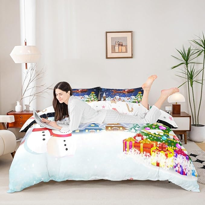 Manfei Christmas Duvet Cover Set Queen Size, Snowman Xmas Tree Santa Claus Bedding Set 3pcs, Reversible Winter Snow Cabin Holiday New Year Quilt Cover with Zipper Closure, 2 Pillowcases, No Comforter