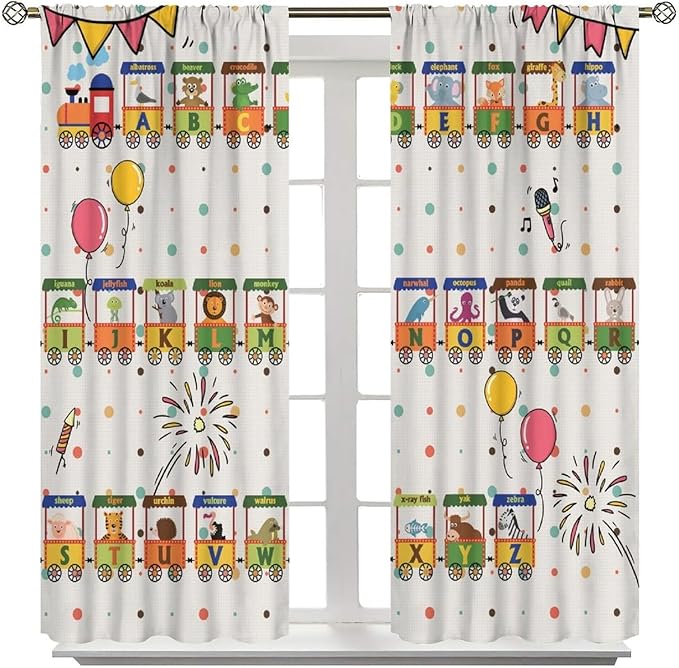 Alphabet Train Kids Curtain Animals Alphabet Children Teens Early Learning Printed Rod Pocket Blackout Window Treatments for Classroom Bedroom Nursery Playroom 42" W X 54" L
