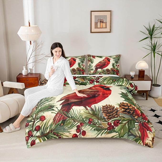 jejeloiu Kids Red Cardinal Comforter Set Twin Size Christmas Tree Green Plants Bedding Set for Boys Girls Teens Xmas Birds Animal Winter Happy New Year Duvet Quilt Room Decor