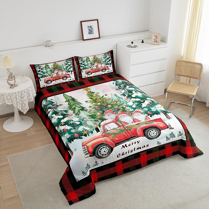 Xmas Theme Bedding Set Full Size,Christmas Tree Retro Red Truck Comforter Set for Kids Boys Girls Room Decor,Black Red Plaid Duvet Insert 3Pcs,Cartoon Gnome Merry Christmas Quilt Set,2 Pillowcases