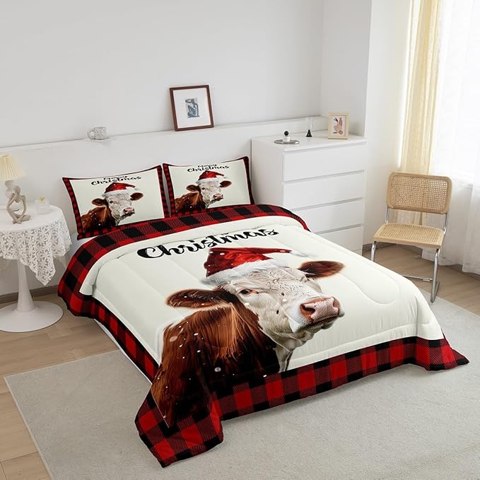 Christmas Farmhouse Twin Size Comforter Set for All Seasons,Xmas Cow Cattle Animal Bedding Set Teens Bedroom Decor,Vintage Cabin Red Plaid Comforter Inner Fill with 1 Pillowcase