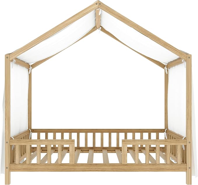 Montessori Floor Bed with Canopy, High Railings and Roof, Twin Size Wood House Bed Frame for Kids Bedroom (Natural/C2)