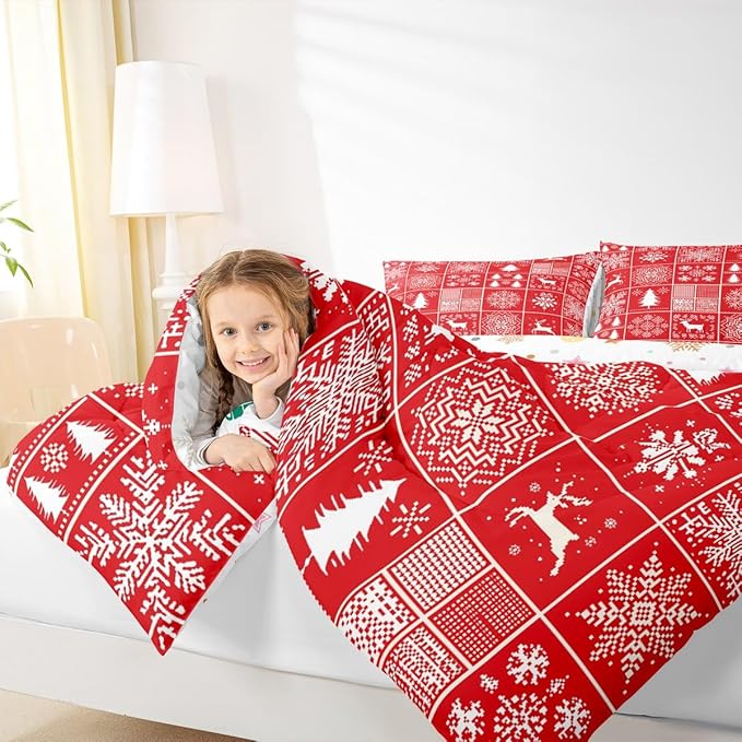 Kids Merry Christmas Comforter Set Full Size,Deer Snowflake Pines Silhouette Bedding,Girls Boys Adults Bedroom/Xmas Cabin Decor,Geometric Lattice Down Comforter,Red Bright Duvet Insert,2 Pillowcases