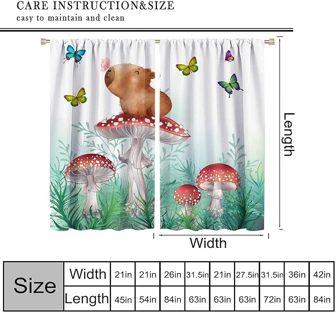 Cartoon Animals Curtains, Cute Butterfly Capybara Blackout Window Treatments, Rod Pocket Thermal Insulated Drapes 2 Panel Sets for Kids Bedroom Nursery Classroom, 63" W X 63" L