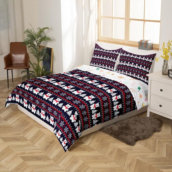 Christmas Bedding Set for Kids Boys Girls Polar Bear Christmas Tree Comforter Cover Set Exotic Ethnic Xmas Theme Duvet Cover Bedroom Decor Snowflake Bedspread Cover Queen Size Bedding Collection 3Pcs