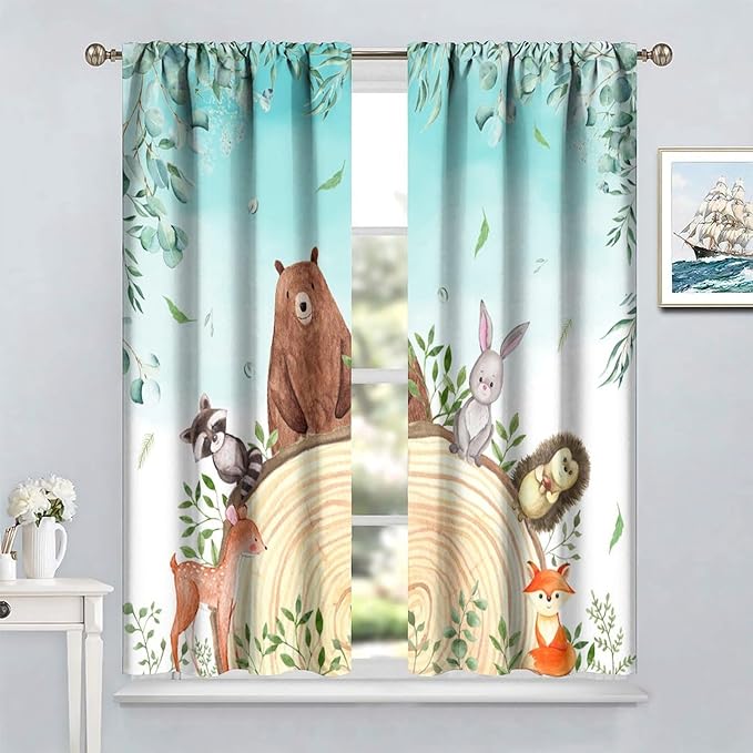 Kids Forest Animal Curtains, Woodland Animal Window Treatments Fox Deer Bunny Wildlife Safari Jungle Bear Farmhouse Window Drapes for Girls Boys Nursery Bedroom 42x54in
