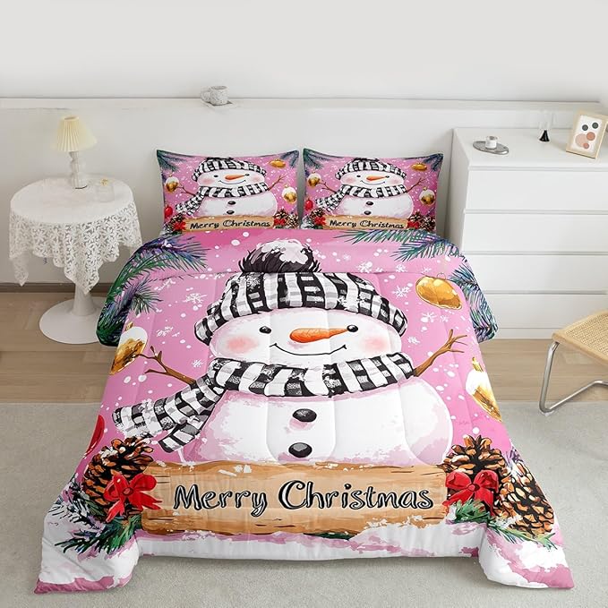 Feelyou Merry Christmas Bedding Set Soft for Boys Girls, Cute Snowman Comforter Set Toddler Size Snowflake Duvet Quilt Microfiber Winter Bedroom Decor 2 Pcs with 1 Pillow Cases