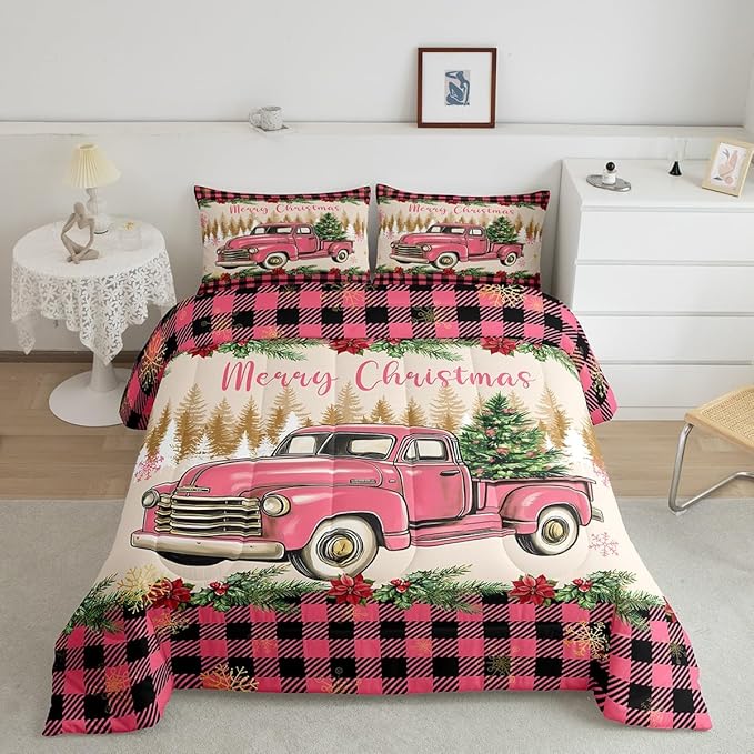 Erosebridal Christmas Comforter Sets Merry Xmas Tree Bedding Sets King Red Truck Painting Down Comforter,Lattice Decor Bed Set for Kids Boys Girls Teens Bedroom Decor,Reversible