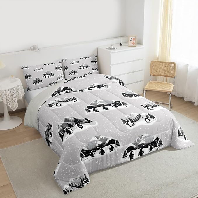 Feelyou Christmas Kids Comforter Set Queen Size Polar Penguin Bedding Set Snowflake Duvet Quilt for Kids Boys Girls Bedroom Winter Decor Microfiber Ultra Soft Breathable