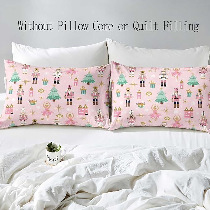 LUVIVIHOME 3PCS Christmas Nutcracker Duvet Cover King Bedding Set, Light Pink Duvet Cover, Teen Girl Bedding, Christmas Tree Snowflake Winter Holiday Xmas Gifts Kids Comforter Cover, 2 Pillow Shams