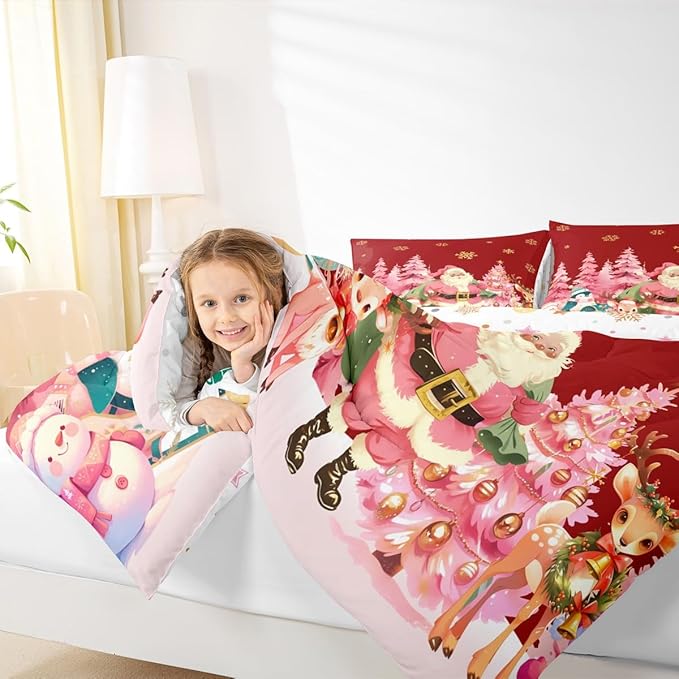 jejeloiu Merry Christmas Comforter Set King Size Santa Claus Bedding Set for Kids Boys Girls Cute Deer Duvet Quilt Red Bedroom Decor