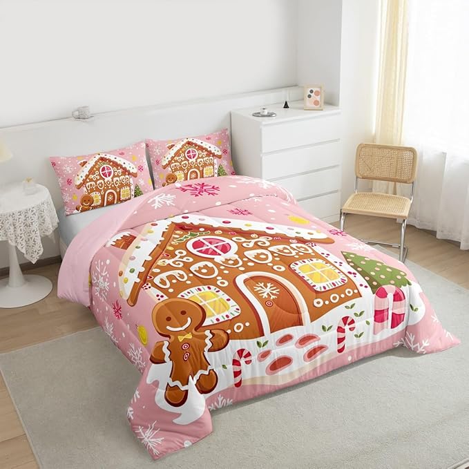 Feelyou Christmas Gingerbread Bedding Set Soft for Boys Girls,Gingerbread House Comforter Set Toddler Winter Holiday Decor Duvet Quilt Cute Snowflake Room Decor Pink Decor 2 Pcs with 1 Pillow Cases