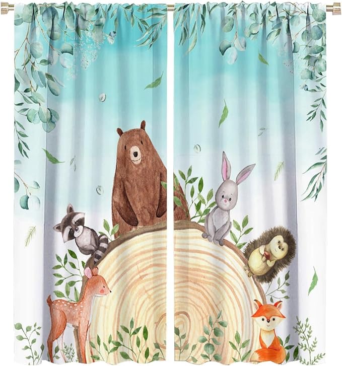 Kids Forest Animal Curtains, Woodland Animal Window Treatments Fox Deer Bunny Wildlife Safari Jungle Bear Farmhouse Window Drapes for Girls Boys Nursery Bedroom 42x54in