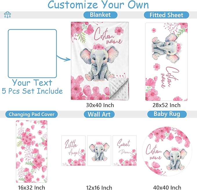 Personalized Nursery Bedding Set, 5 Pcs Custom Name Crib Bedding Set for Girls Boys, Pink Elephant Crib Set, Double Layer Baby Blanket with Dotted Backing, Customized Gift for Infant Toddler