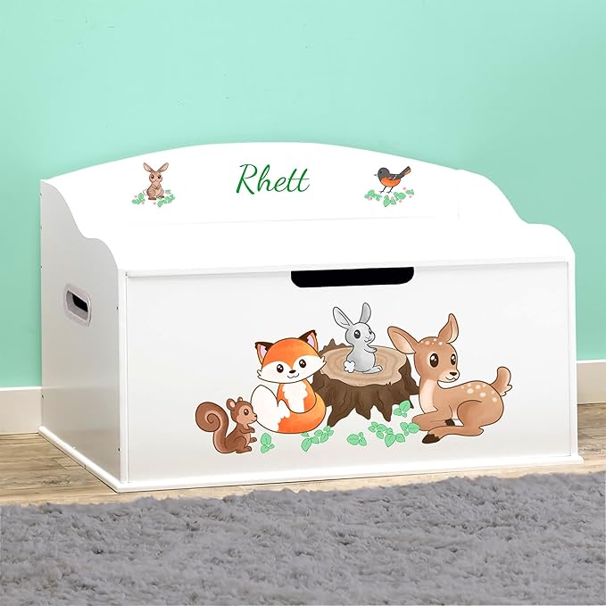 DIBSIES Personalized Creative Wonders Toy Box, Woodland Creatures, 30 x 19.25 x 18 inches, Soft-Close Lid (White)