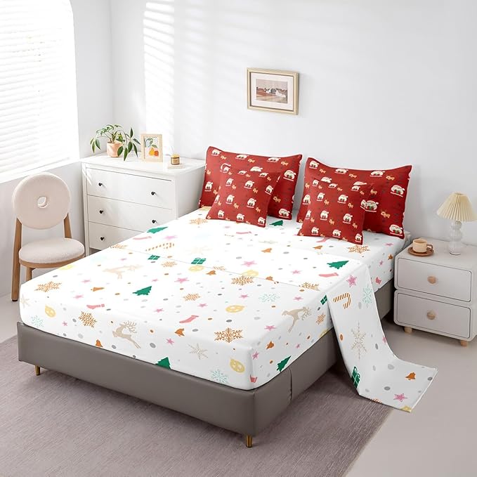 Santa Claus Bed Set Christmas Deer Bed in a Bag for Kids Boys Girls Winter Snowflake Comforter Set with Sheets Merry Christmas Khaki Red Bedding Set Bedroom Collection King Size