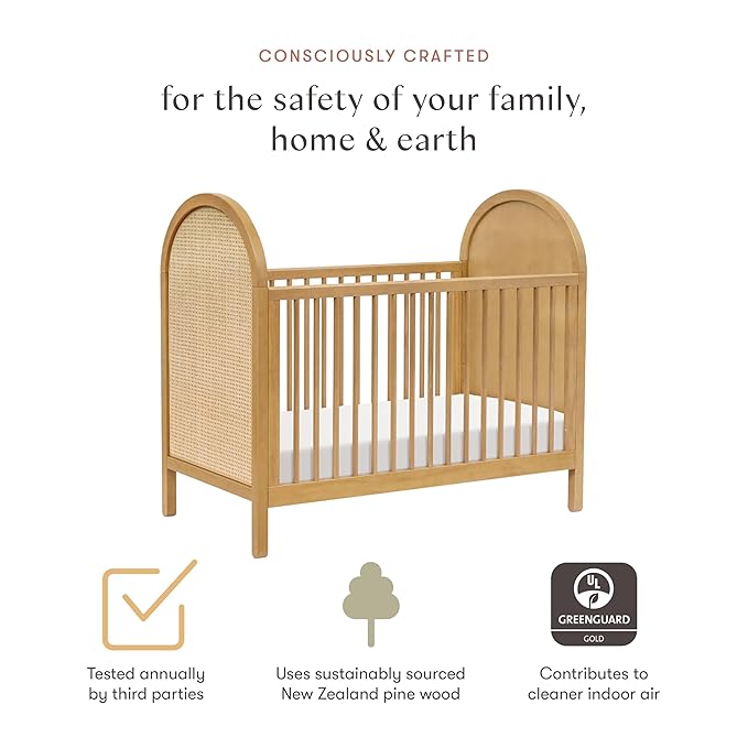 babyletto Bondi Cane 3-in-1 Convertible Baby Crib - GREENGUARD Gold Certified Convertible Crib to Toddler Bed & Daybed - Wooden Baby Bed with 4 Adjustable Heights - Made of 100% Solid Wood - Honey