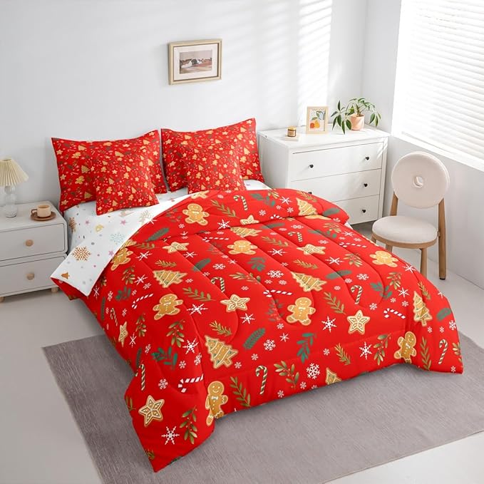 Feelyou Christmas Tree Comforter Set Queen Size 7 Pieces Cute Gingerbread Man Bedding Set for Kids Boys Girls Red Botanical Bed in a Bag Reversible Xmas Decor Bedroom Quilted Breathable Soft